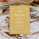 Book Our Date Yellow Vintage Book Cover Wedding Save The Date<br><div class="desc">These unique wedding save the date cards for book lovers feature a vintage book cover design with a scrolls that frame the wedding date, an ornate "Book Our Date" title, the Bride & Groom names as the authors, a dark golden / mustard yellow background / book colour (that can be...</div>