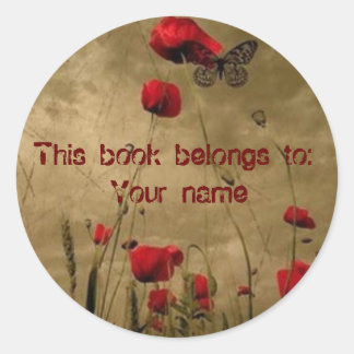 Book plate sticker, flower and butterfly classic round sticker