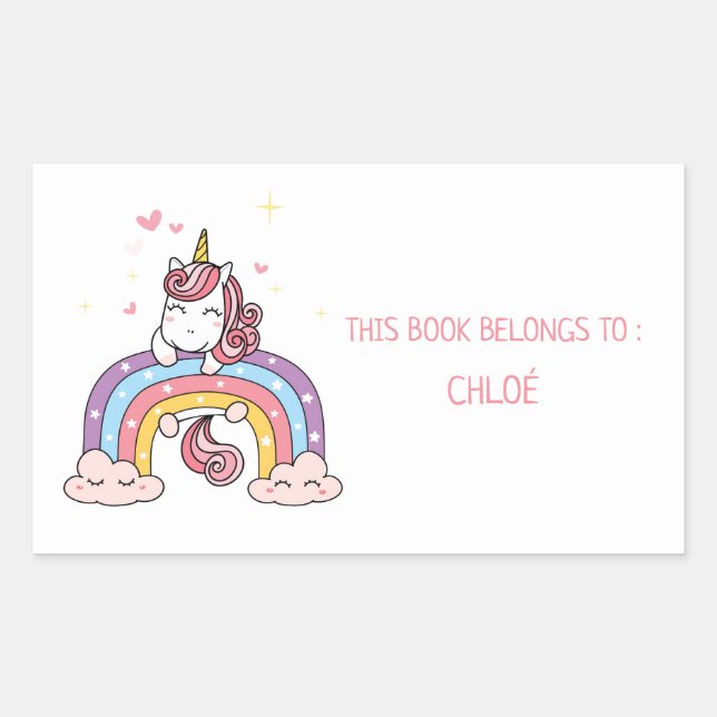 BOOK PLATE : UNICORN + RAINBOW RECTANGULAR STICKER (Front)