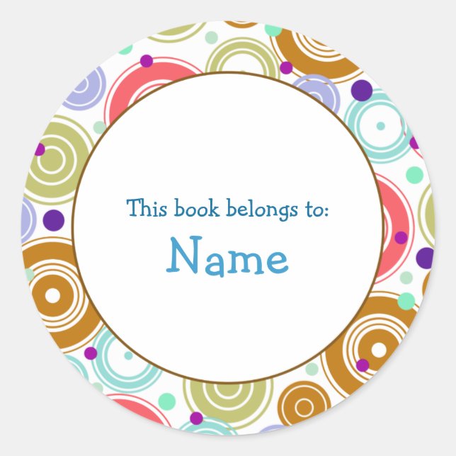 Book plate with colourful retro design classic round sticker (Front)