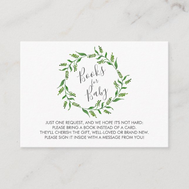 Book Request Baby Shower Greenery Wreath Enclosure Card (Front)