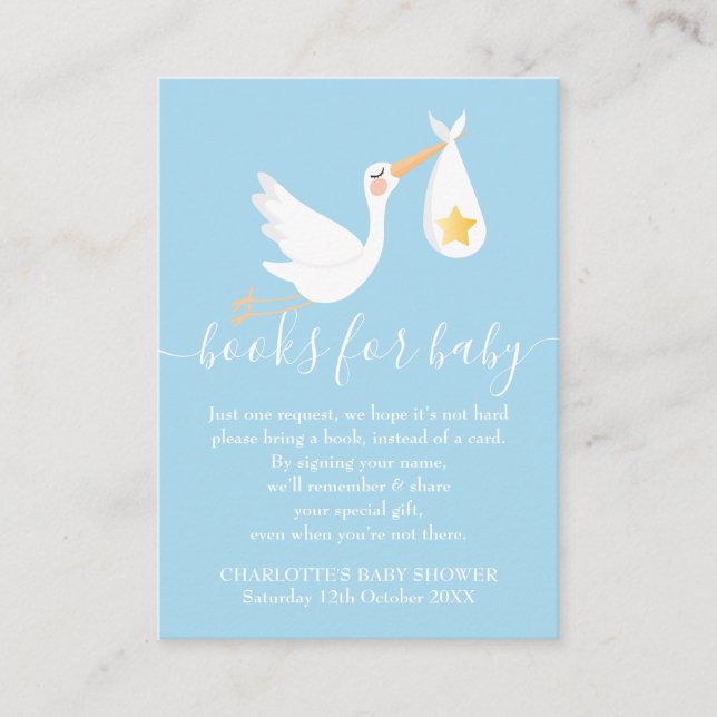 Book Request Baby Shower Stork Gold Star Blue Enclosure Card (Front)