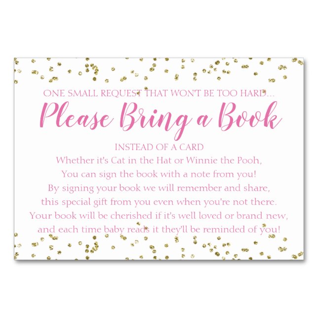 Book Request Gold Confetti Pink Girl Baby Shower Table Number (Front)