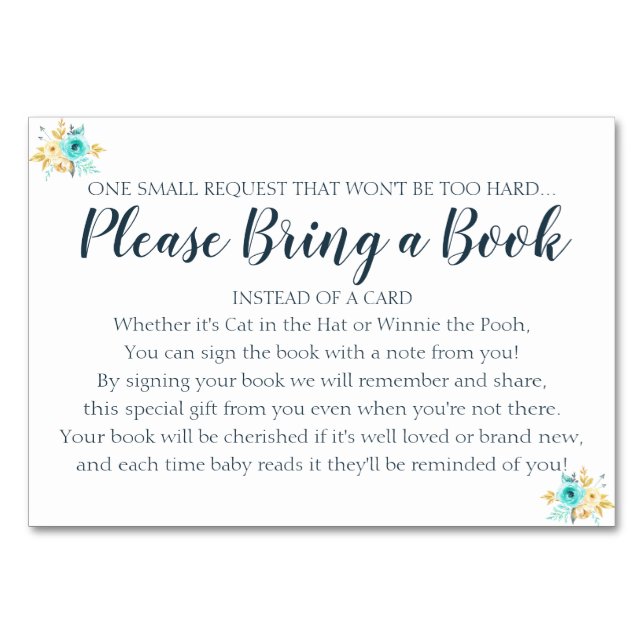 Book Request Gold Teal Floral Baby Shower Card (Front)