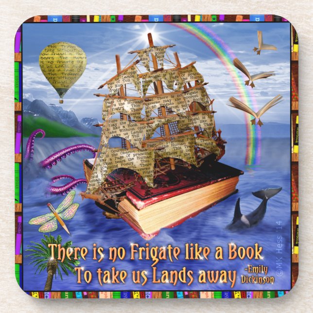 Book Ship Ocean Scene with Emily Dickinson Quote Coaster (Front)