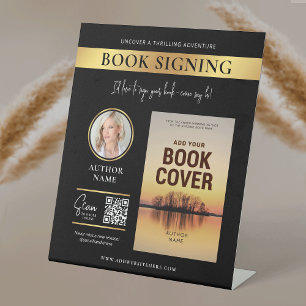 Book Signing Book Cover Author Photo Black & Gold Pedestal Sign