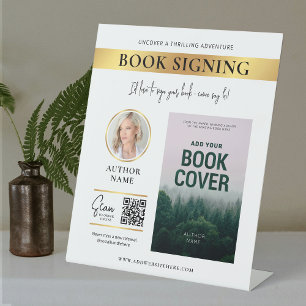 Book Signing Book Cover Author Photo White & Gold Pedestal Sign