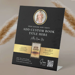 Book Signing Event Author Photo QR Code Faux Gold Pedestal Sign