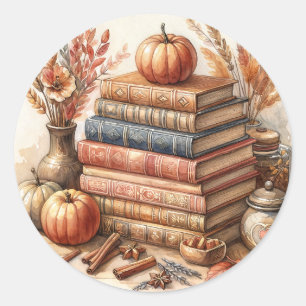 Book Stack and Pumpkins Autumn Classic Round Sticker