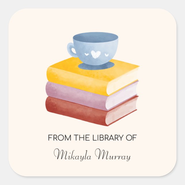 Book Stack & Coffee Cup Personalised Bookplate Square Sticker (Front)