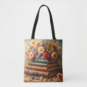 Book Stack Floral Painting Tote Bag