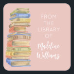 Book Stack From the Library Of Name Bookplate  Square Sticker<br><div class="desc">Pretty watercolor book stack bookplate for your special books. Says From the Library Of.  Add your name to make sure your books find their way home. See our other coordinating items as well.</div>