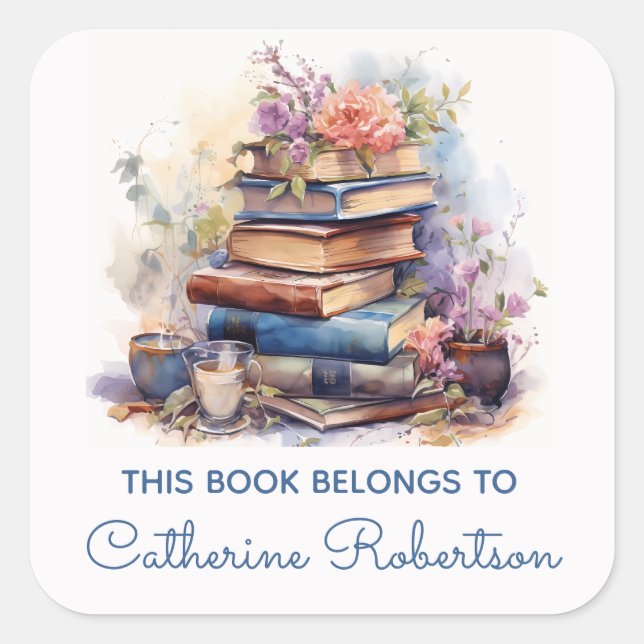 Book Stack This Book belongs to Name Bookplate Square Sticker (Front)