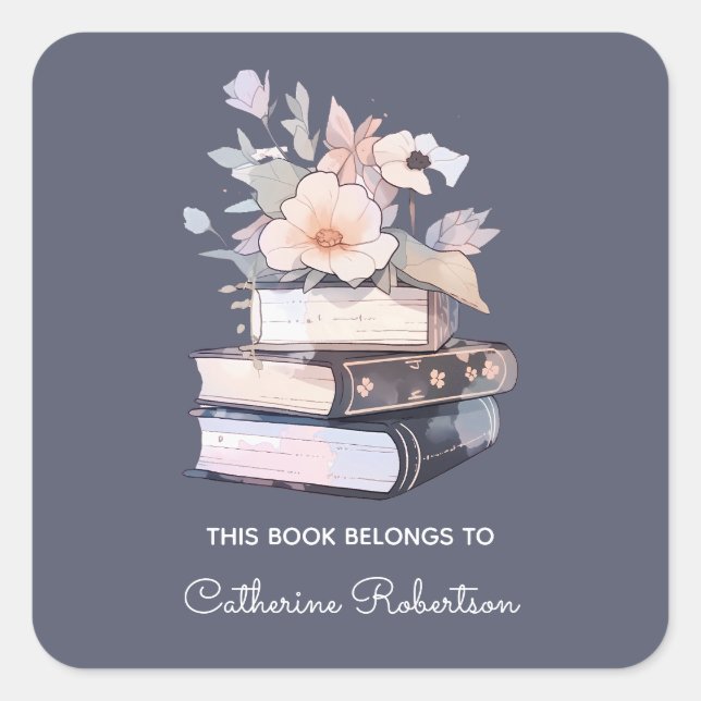 Book Stack This Book belongs to Name Bookplate Square Sticker (Front)