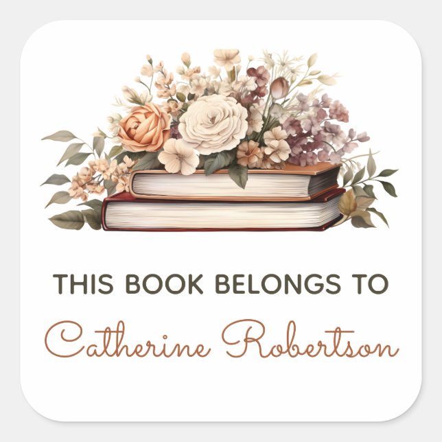 Book Stack This Book belongs to Name Bookplate Square Sticker (Front)