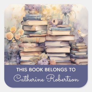 Book Stack This Book belongs to Name Bookplate Square Sticker