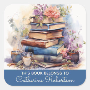 Book Stack This Book belongs to Name Bookplate Square Sticker