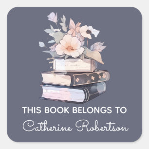 Book Stack This Book belongs to Name Bookplate Square Sticker