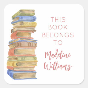 Book Stack This Book Belongs To Name Bookplate Square Sticker