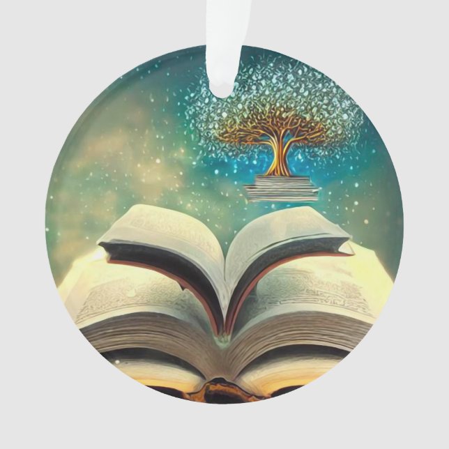 Book Stack Tree & Open Books Ornament (Front)