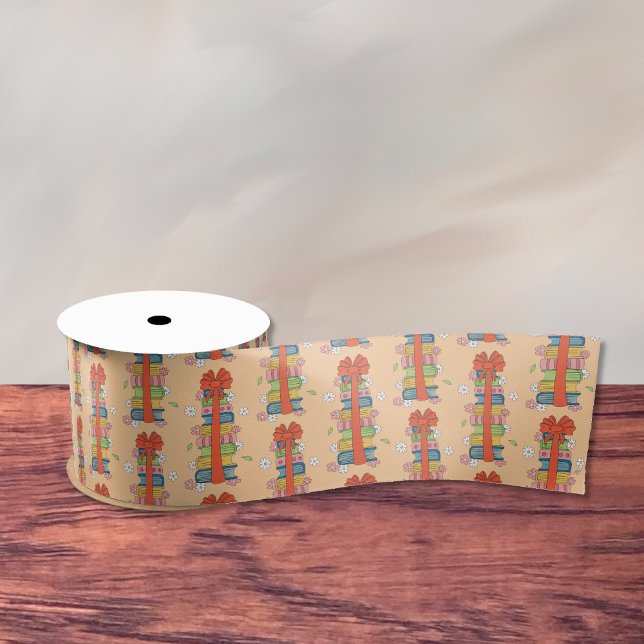 Book Stack with Red Bow Ribbon Satin Ribbon (Book stacks with red bow pattern ribbon .)
