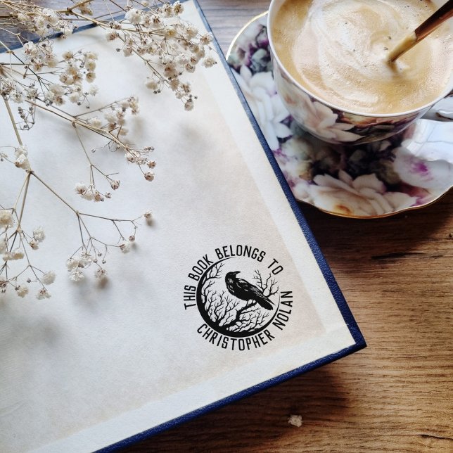 Book Stamp With Name And Raven For Man (This book belongs to - round stamp with raven)