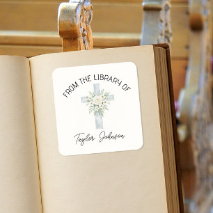 Book stickers, bookplate floral cross church square sticker