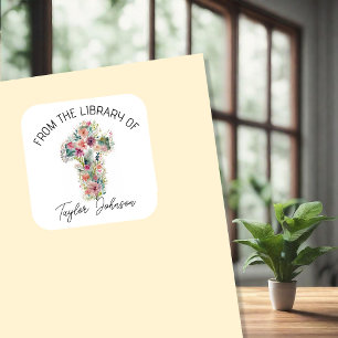 Book stickers, bookplate floral cross church square sticker