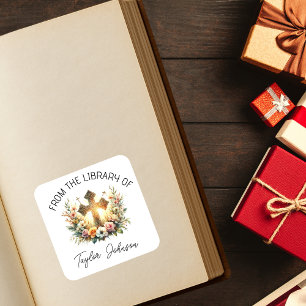 Book stickers, bookplate floral cross church square sticker