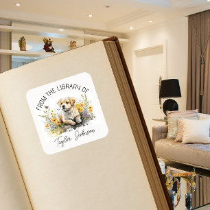 Book stickers, bookplate floral dog puppy square sticker
