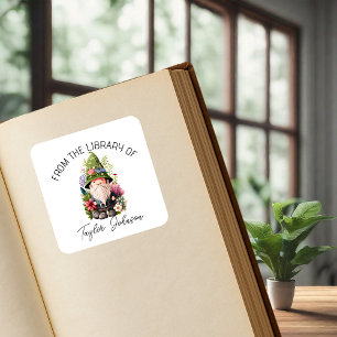 Book stickers, bookplate floral garden gnome square sticker