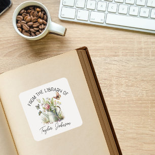 Book stickers, bookplate floral watering can square sticker