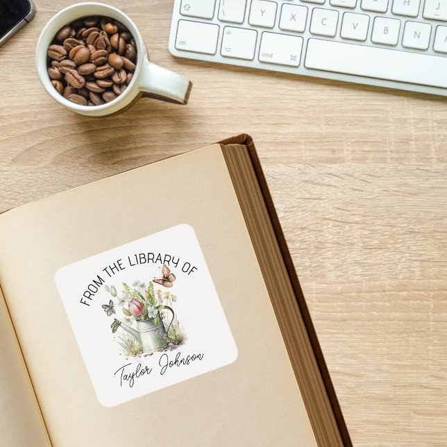 Book stickers, bookplate floral watering can square sticker (Creator Uploaded)