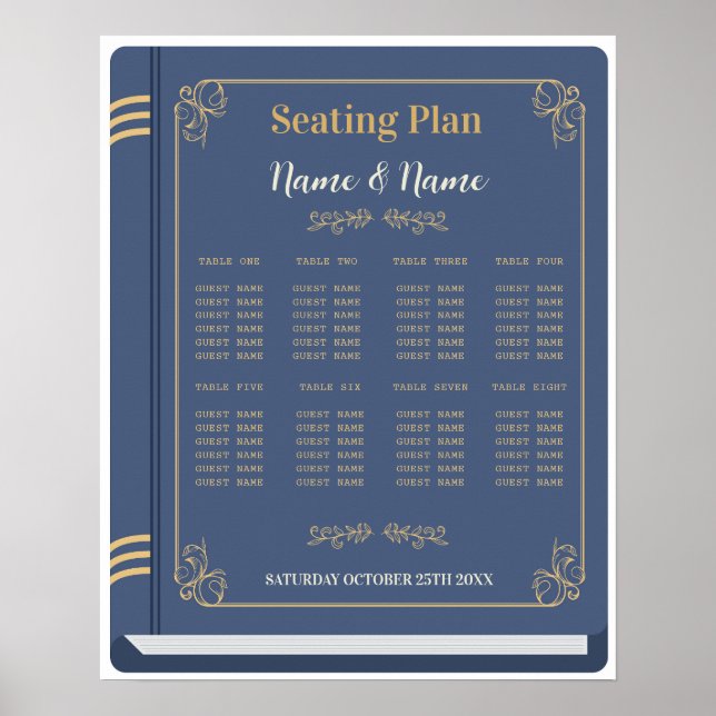 Book Table Seating Wedding Library Navy 8 Tables Poster (Front)