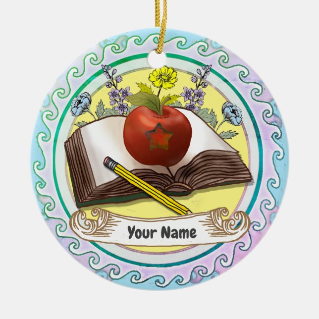Book Teacher Flowers Ceramic Ornament (Front)