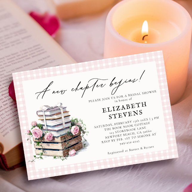 Book Theme Bridal Shower Rustic Roses New Chapter Invitation (book theme bridal shower invitation book lover bookish rustic roses gingham pink watercolor)
