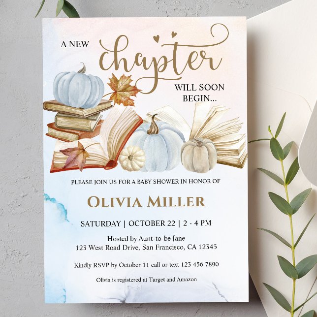 Book Theme Fall Blue Pumpkin Baby Shower Invitation (Creator Uploaded)