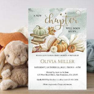 Book Theme Green Fall Baby Shower Gender Neutral Invitation