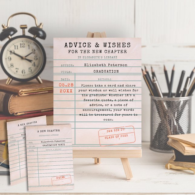 Book Theme Library Card Graduation Advice Wishes Poster (graduation advice wishes sign vintage library card book bookish bookworm literature lover reader)