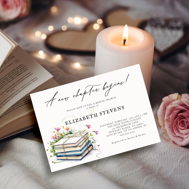 Book Themed Bridal Shower Wildflowers New Chapter Invitation (book themed bridal shower invitation book lover bookish wildflowers floral calligraphy elegant chic)
