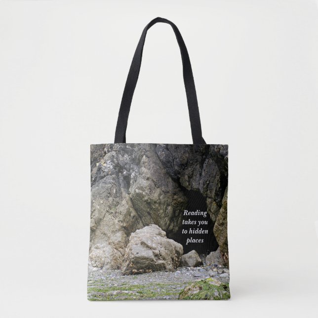 Book tote bag with beautiful beach cave scene (Front)