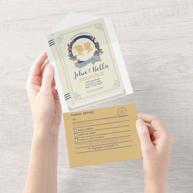 Book Wedding Library Theme Cover Chapter & RSVP All In One Invitation (Tearaway)