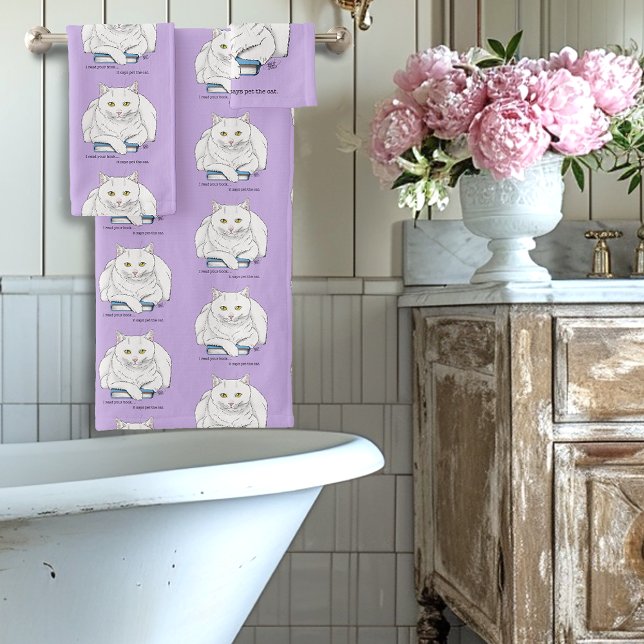 Book White Cat Purple Funny Bath Towel Set (Creator Uploaded)