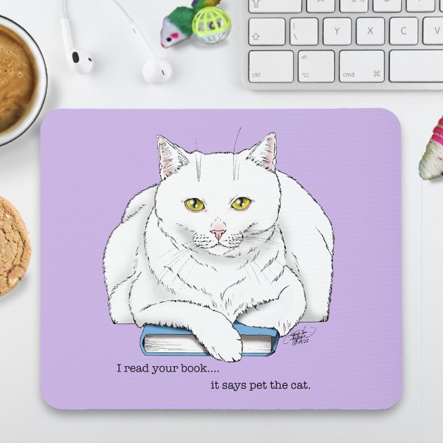 Book White Cat Purple Funny Mouse Pad (Creator Uploaded)
