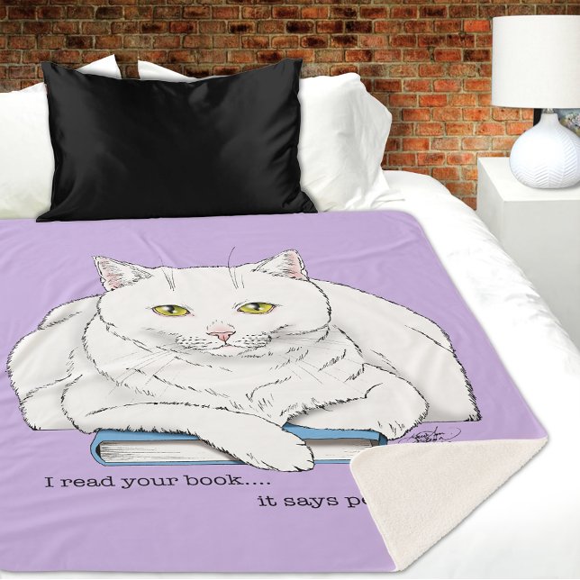 Book White Cat Purple Funny Sherpa Blanket (Creator Uploaded)
