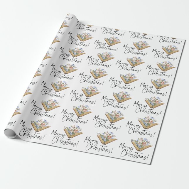 Book with Flowers Merry Christmas Wrapping Paper (Unrolled)