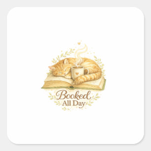 Booked All Day Cosy Cat Reading Watercolor Square Sticker