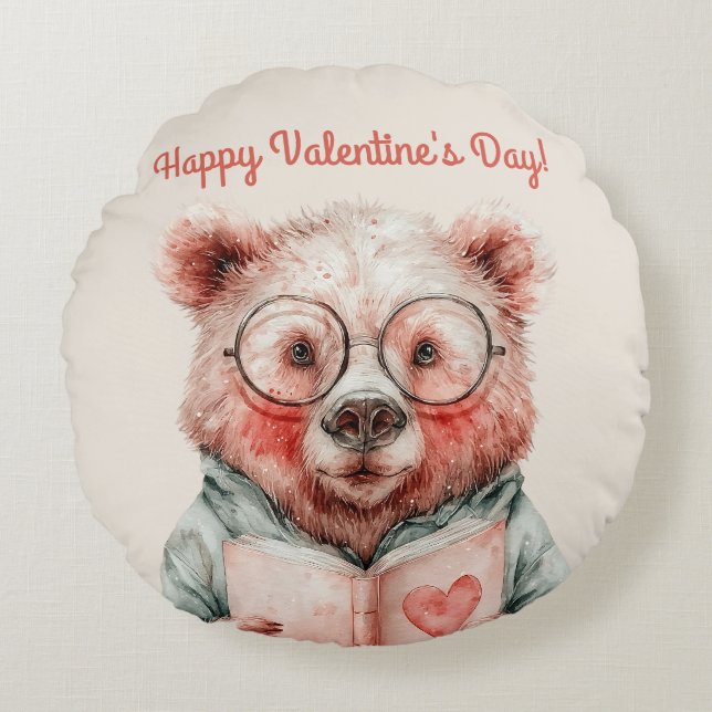 Bookish Bear Valentine`s Day Round Cushion (Front)