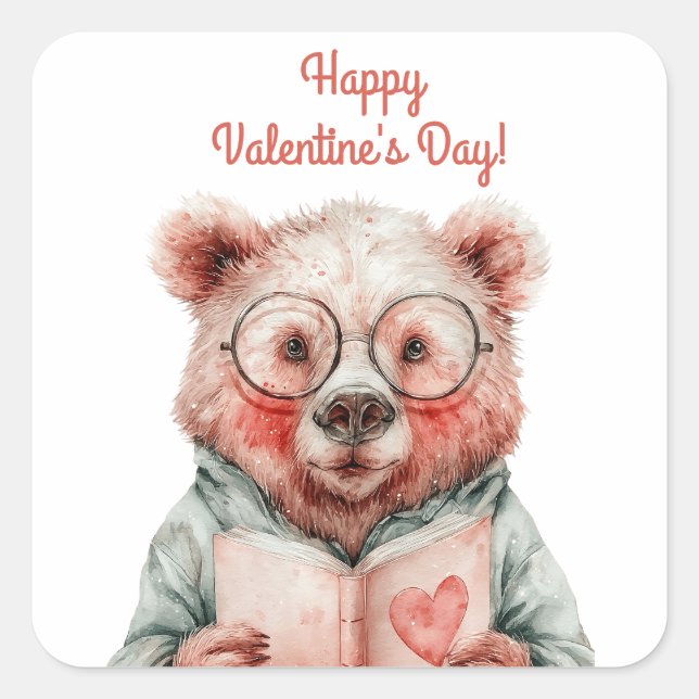 Bookish Bear Valentine`s Day Square Sticker (Front)