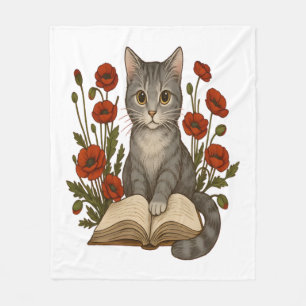 Bookish Cat – Cute Reading Cat With Poppies for Bo Fleece Blanket